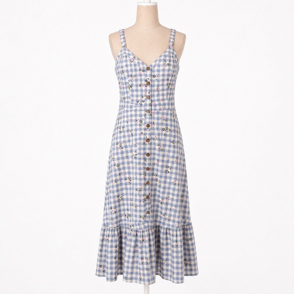 Floral Gingham Ruffle Sleeveless Button Dress XS Blue Plaid Cottagecore Prairie